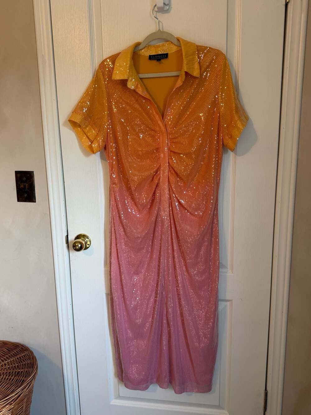 Eloquii Ombre Sequin Midi Shift Dress Womens 16 Orange Pink Glam Bohemian Party